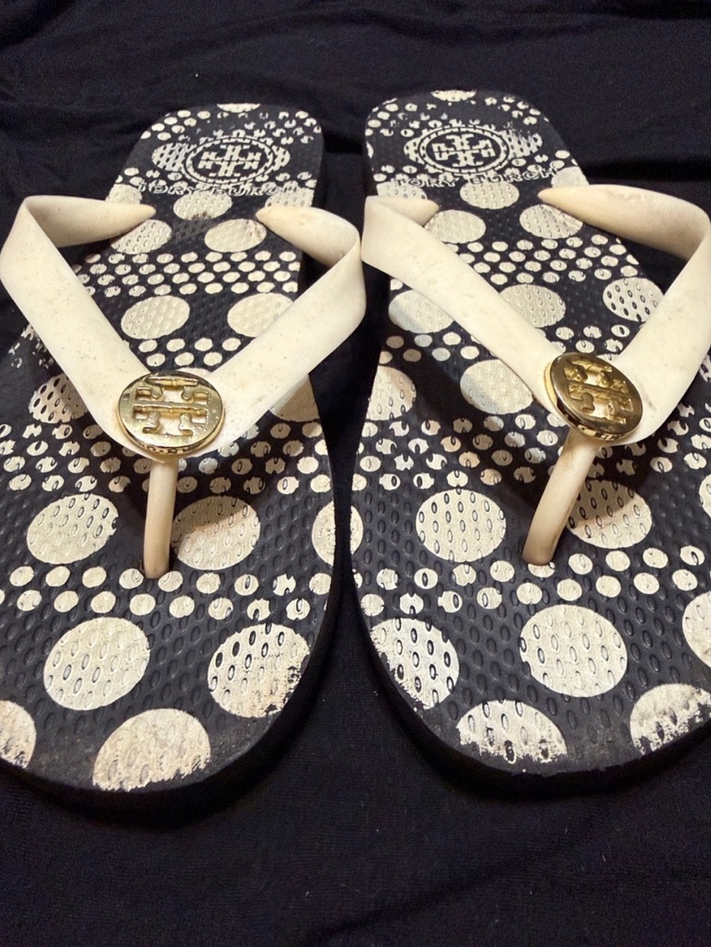 Tory Burch Black & White Polka Dot Flip Flop Sandals with Gold Logo